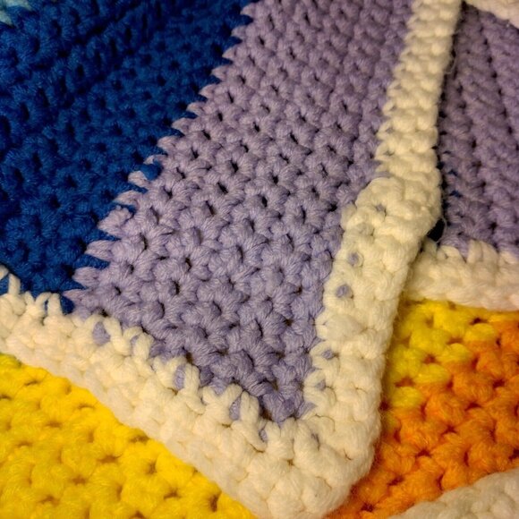 Handmade Crochet Rainbow Afghan White Border Chunky Small Blanket 52x64 - Picture 7 of 9